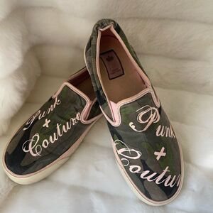 Juicy Couture olive green camouflage canvas slip on sneakers  pink accen…